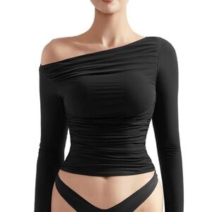 Black off the shoulder lined long sleeve crop top